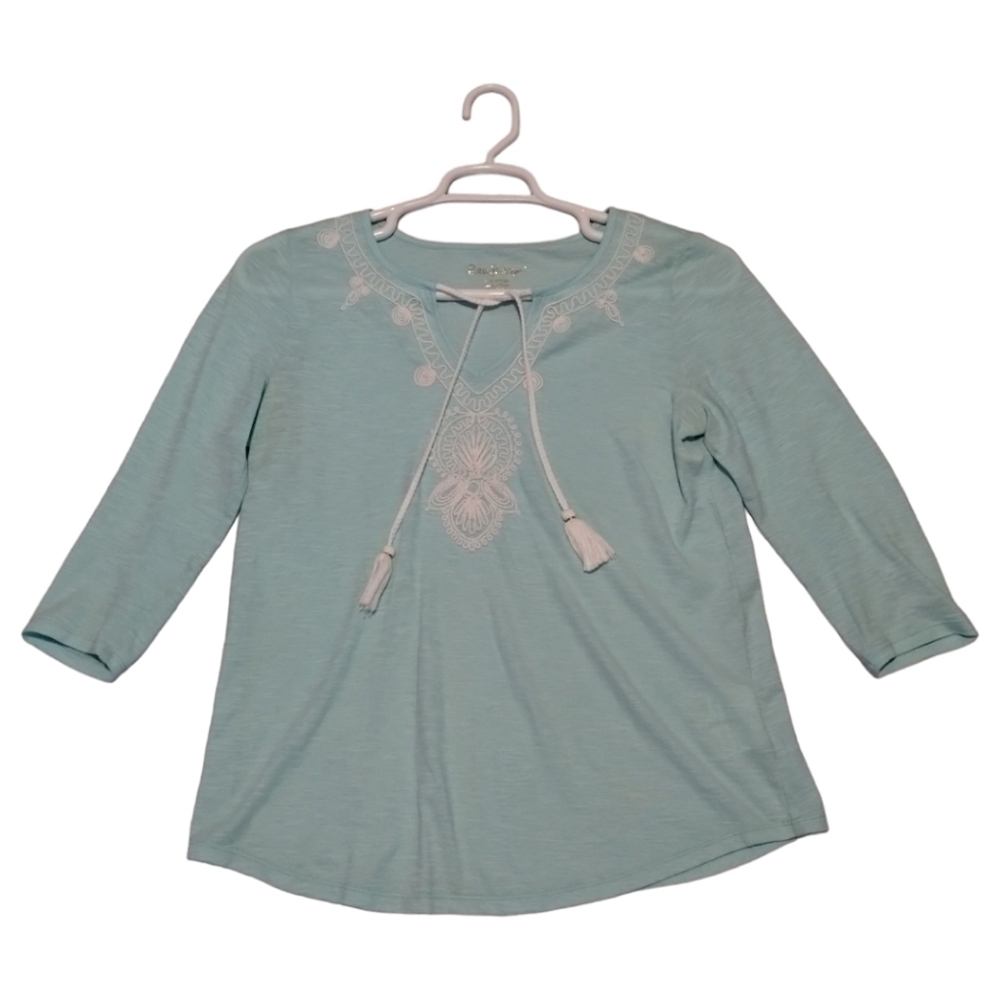 Lilly Pulitzer‎ Embroidered Tassel  Tie Front V-neck 3/4 Sleeve Top